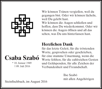 Traueranzeige von Csaba Szabó von  Camberger Anzeiger