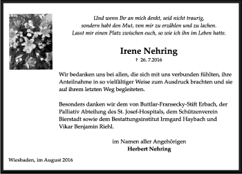 Traueranzeige von Irene Nehring von Trauerportal Rhein Main Presse
