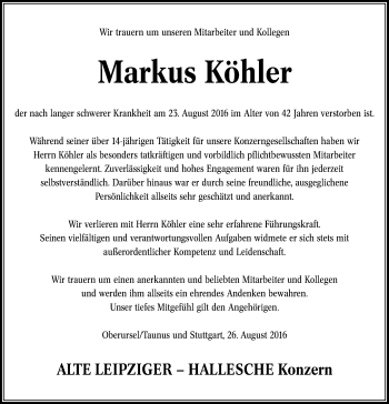Traueranzeige von Markus Köhler von  Kreisanzeiger