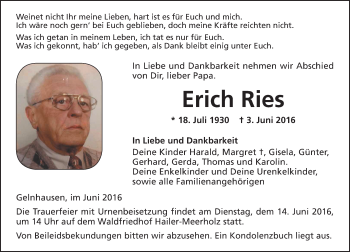 Traueranzeige von Erich Ries von  Gelnhäuser Tageblatt