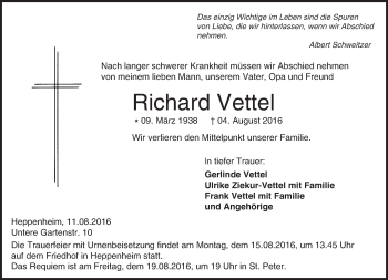 Traueranzeige von Richard Vettel von Trauerportal Echo Online