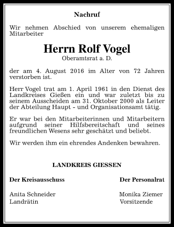Traueranzeige von Rolf Vogel von  Gießener Anzeiger