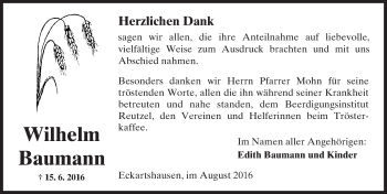 Traueranzeige von Wilhelm Baumann von  Sonntags Anzeiger