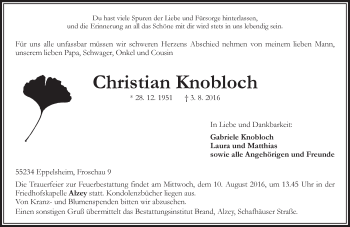 Traueranzeige von Christian Knobloch von Trauerportal Rhein Main Presse