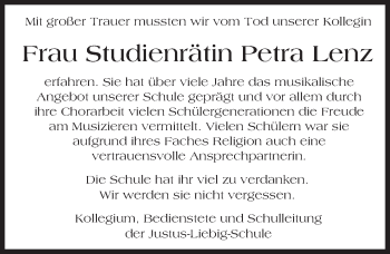 Traueranzeige von Petra Lenz von Trauerportal Echo Online