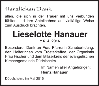 Traueranzeige von Lieselotte Hanauer von  Kreisanzeiger