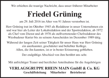Traueranzeige von Friedel Grüning von Trauerportal Rhein Main Presse