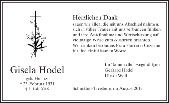 Traueranzeige von Gisela Hodel von  Usinger Anzeiger