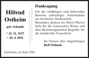 Traueranzeige von Hiltrud Ostheim von  Kreisanzeiger