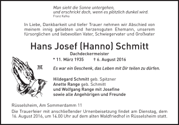 Traueranzeige von Hans Josef Schmitt von Trauerportal Rhein Main Presse