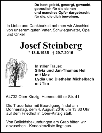 Traueranzeige von Josef Steinberg von Trauerportal Echo Online