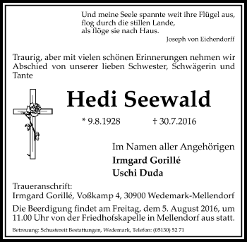 Traueranzeige von Hedi Seewald von VRM Trauer
