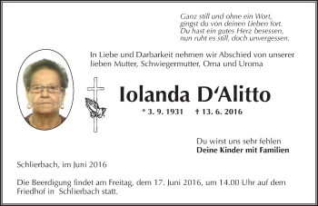 Traueranzeige von Iolanda D'Alitto von  Gelnhäuser Tageblatt