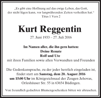 Traueranzeige von Kurt Reggentin von  Kreisanzeiger