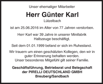 Traueranzeige von Günter Karl von Trauerportal Echo Online