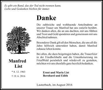 Traueranzeige von Manfred List von  OK Oberhessen Kurier