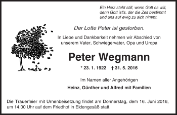 Traueranzeige von Peter Wegmann von  Gelnhäuser Tageblatt