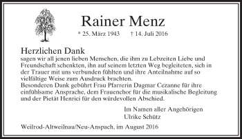 Traueranzeige von Rainer Menz von  Usinger Anzeiger Traueranzeige von Rainer Menz von  Usinger Anzeiger