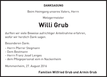 Traueranzeige von Willi Grub von Trauerportal Rhein Main Presse