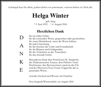 Traueranzeige von Helga Winter von  Usinger Anzeiger Traueranzeige von Helga Winter von  Usinger Anzeiger