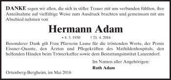 Traueranzeige von Hermann Adam von  Kreisanzeiger