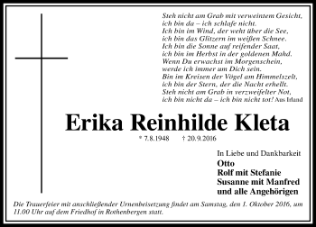 Traueranzeige von Erika Reinhilde Kleta von  Gelnhäuser Tageblatt