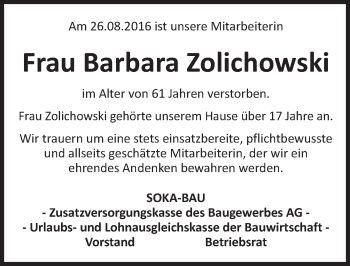Traueranzeige von Barbara Zolichowski von Trauerportal Rhein Main Presse