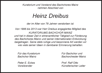 Traueranzeige von Heinz Dreibus von Trauerportal Rhein Main Presse