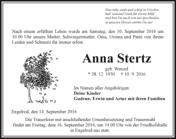 Traueranzeige von Anna Stertz von VRM Trauer