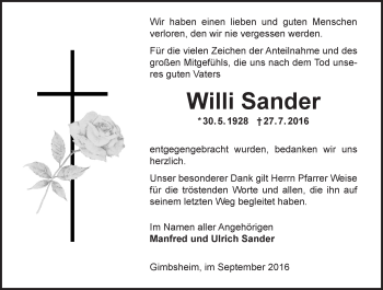 Traueranzeige von Willi Sander von Trauerportal Rhein Main Presse