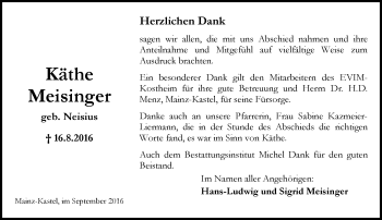 Traueranzeige von Käthe Meisinger von Trauerportal Rhein Main Presse