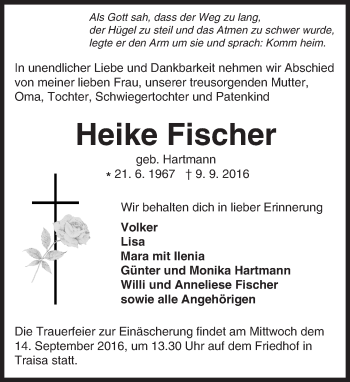 Traueranzeige von Heike Fischer von Trauerportal Echo Online