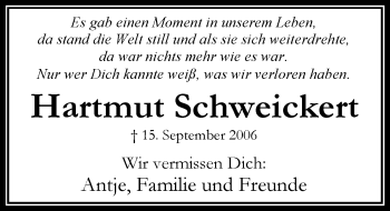 Traueranzeige von Hartmut Schweickert von Trauerportal Echo Online