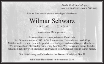 Traueranzeige von Wilmar Schwarz von  Usinger Anzeiger