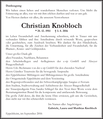 Traueranzeige von Christian Knobloch von Trauerportal Rhein Main Presse