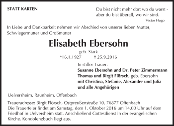 Traueranzeige von Elisabeth Ebersohn von Trauerportal Rhein Main Presse