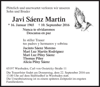 Traueranzeige von Javi Sáenz Martin von Trauerportal Rhein Main Presse