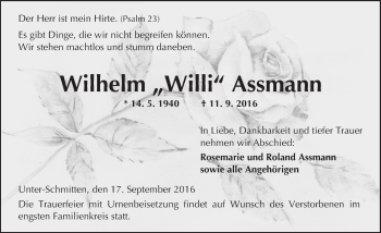 Traueranzeige von Wilhelm Assmann von  Kreisanzeiger