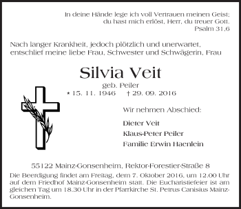 Traueranzeige von Silvia Veit von Trauerportal Rhein Main Presse