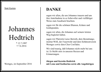 Traueranzeige von Johannes Hedtrich von VRM Trauer