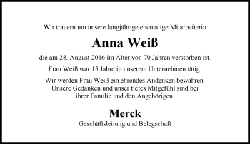 Traueranzeige von Anna Weiß von Trauerportal Echo Online