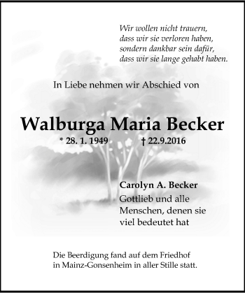 Traueranzeige von Walburga Maria Becker von Trauerportal Rhein Main Presse