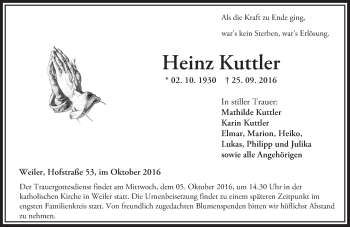Traueranzeige von Heinz Kuttler von Trauerportal Rhein Main Presse