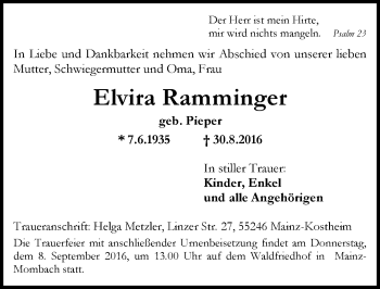 Traueranzeige von Elvira Ramminger von Trauerportal Rhein Main Presse