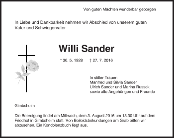 Traueranzeige von Willi Sander von  Wormser Zeitung