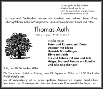 Traueranzeige von Thomas Auth von VRM Trauer