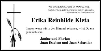 Traueranzeige von Erika Reinhilde Kleta von  Kreisanzeiger