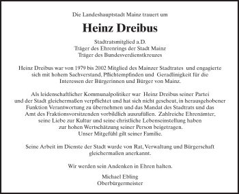 Traueranzeige von Heinz Dreibus von Trauerportal Rhein Main Presse