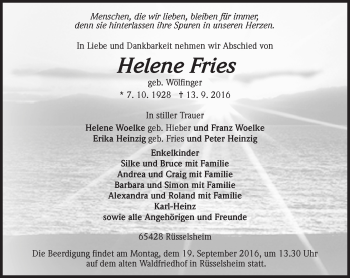 Traueranzeige von Helene Fries von Trauerportal Rhein Main Presse