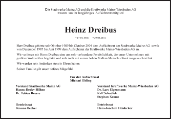 Traueranzeige von Heinz Dreibus von Trauerportal Rhein Main Presse
